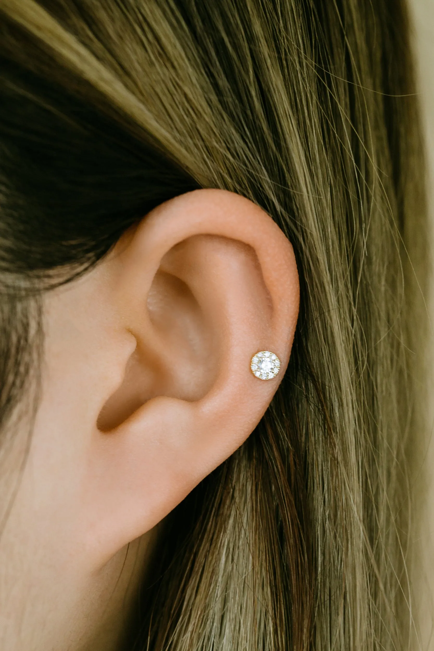 14k Solid Gold Central Cz Round Barbell Ball Ear Post Stud Earring Piercing