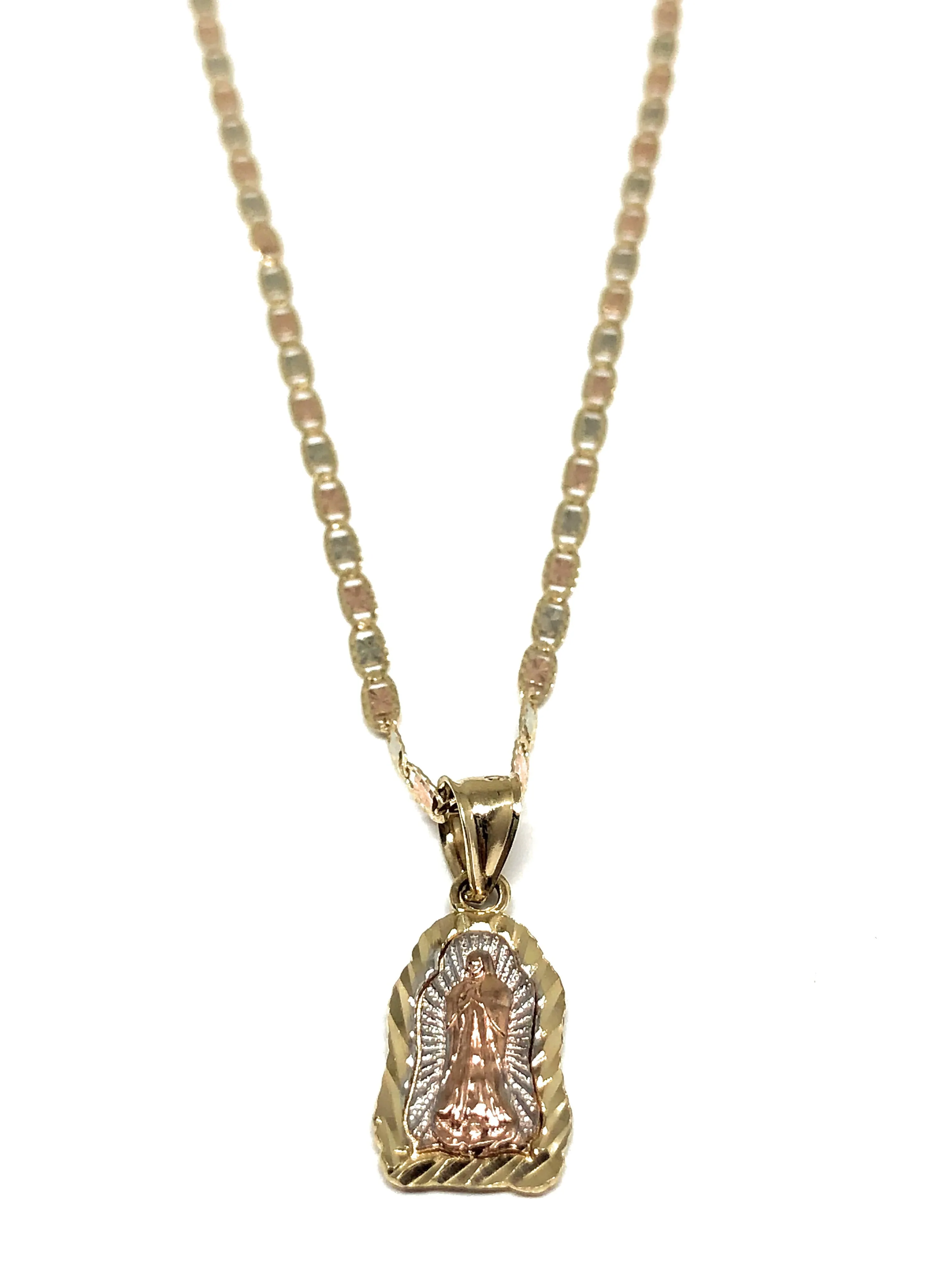14k Solid Gold Tri-Color Virrgin Mary Pendant Virrgen Guadalupe Tri-Color Valentina Chain 1.9mm