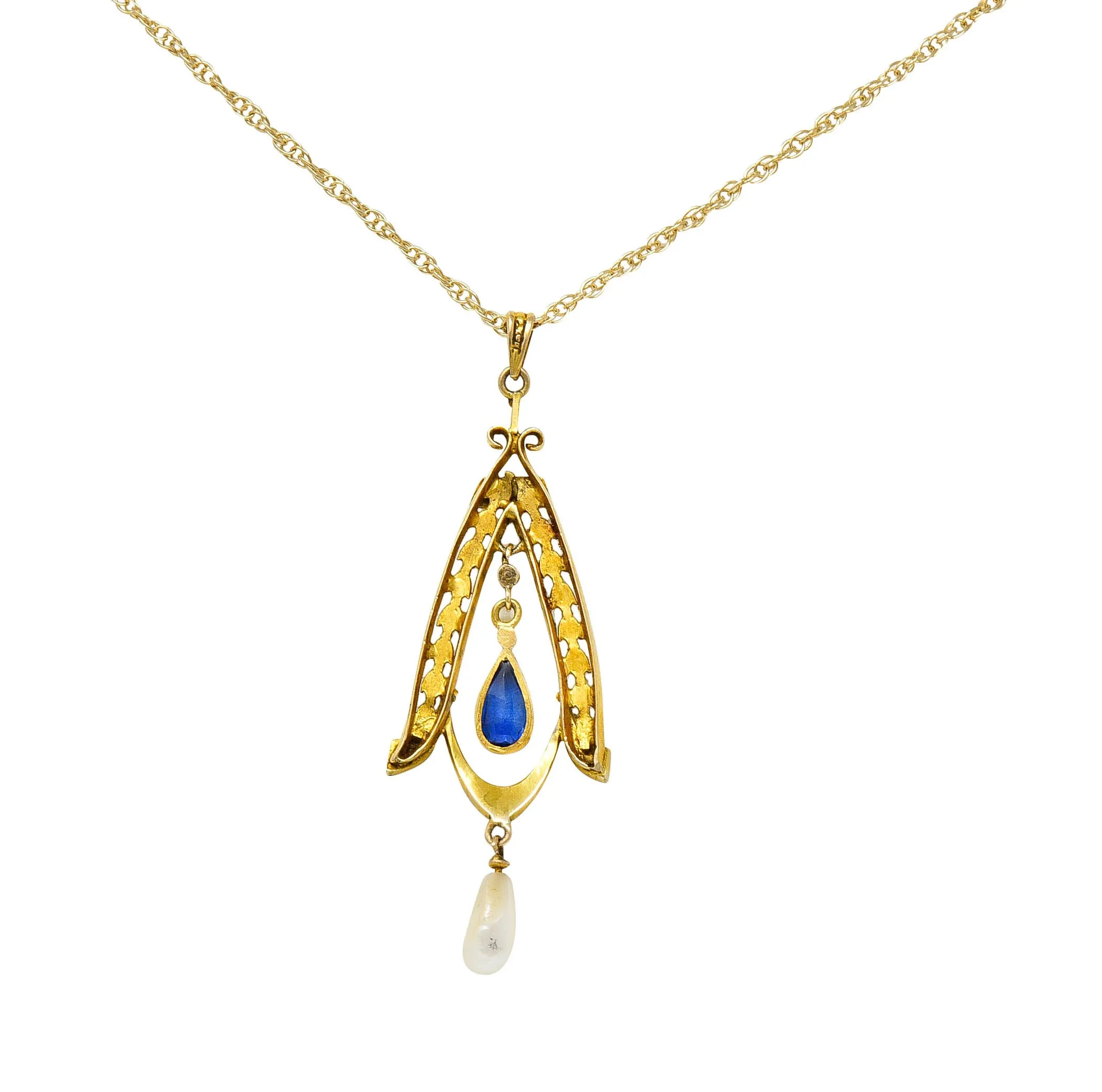 Art Nouveau Sapphire Pearl 14 Karat Two-Tone Gold Laurel Pendant Necklace