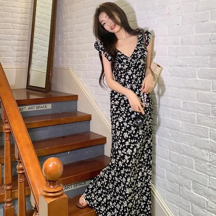 Black Floral V-Neck Maxi Dress