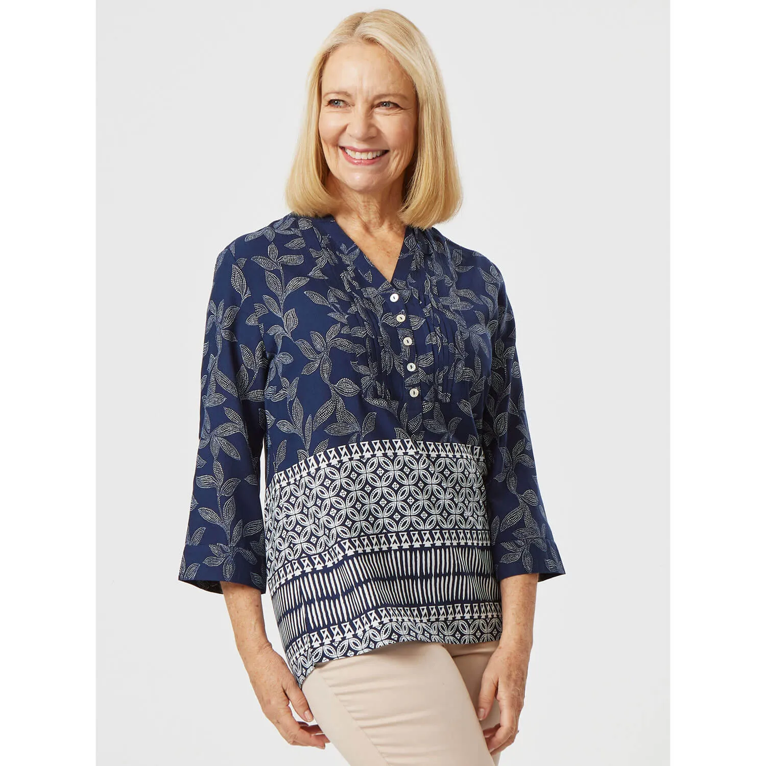 Border Print Notch Neck Top