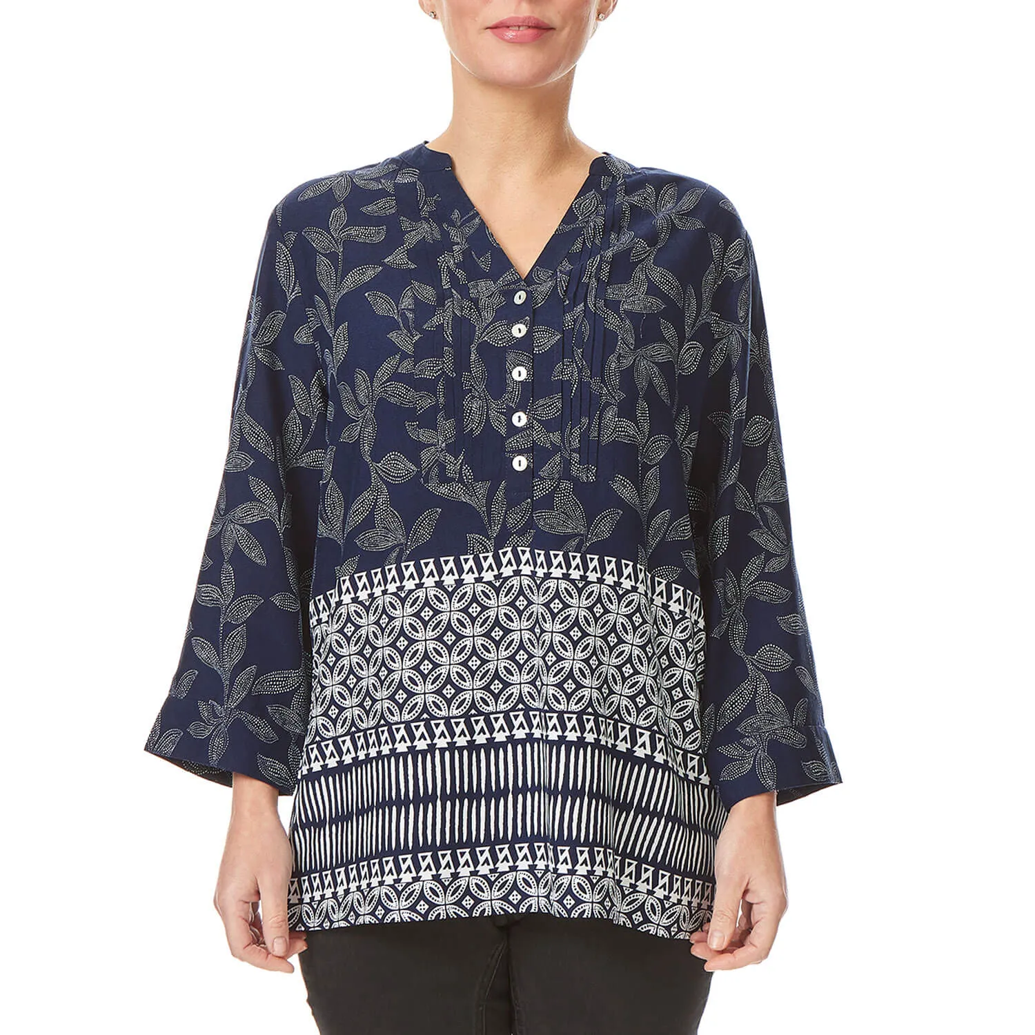 Border Print Notch Neck Top