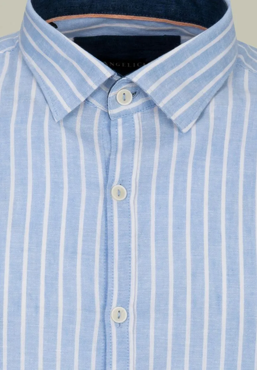 Camicia azzurra rigata lino-cotone custom