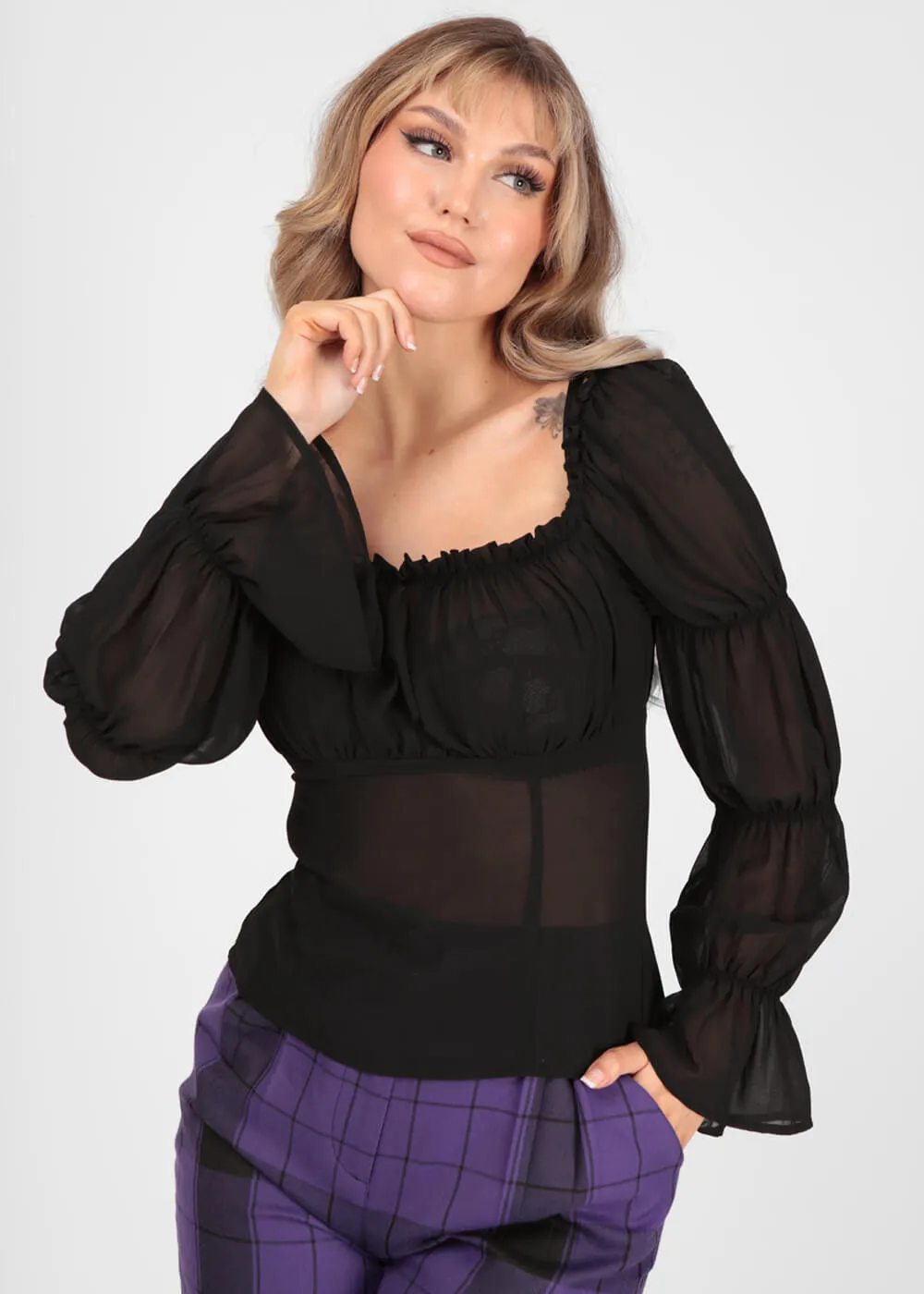 Collectif Agnes Mesh Ruched 60's Top Black