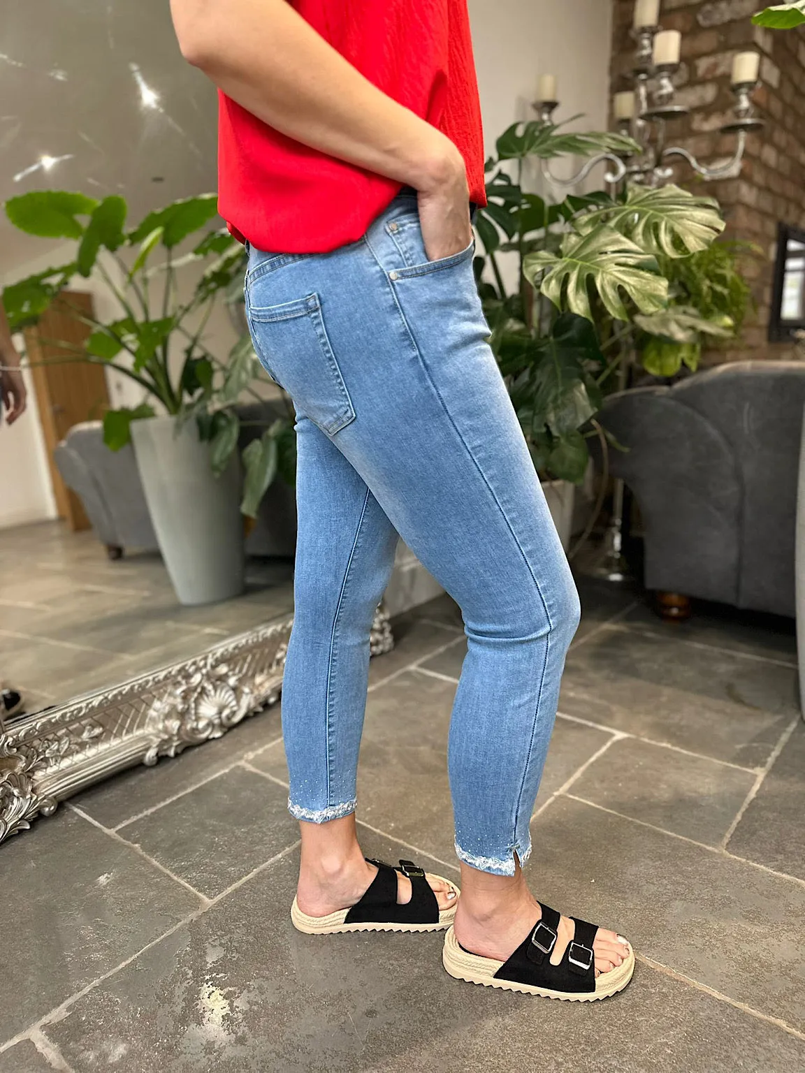 Denim Diamante Flower Detailed Hem Jeans