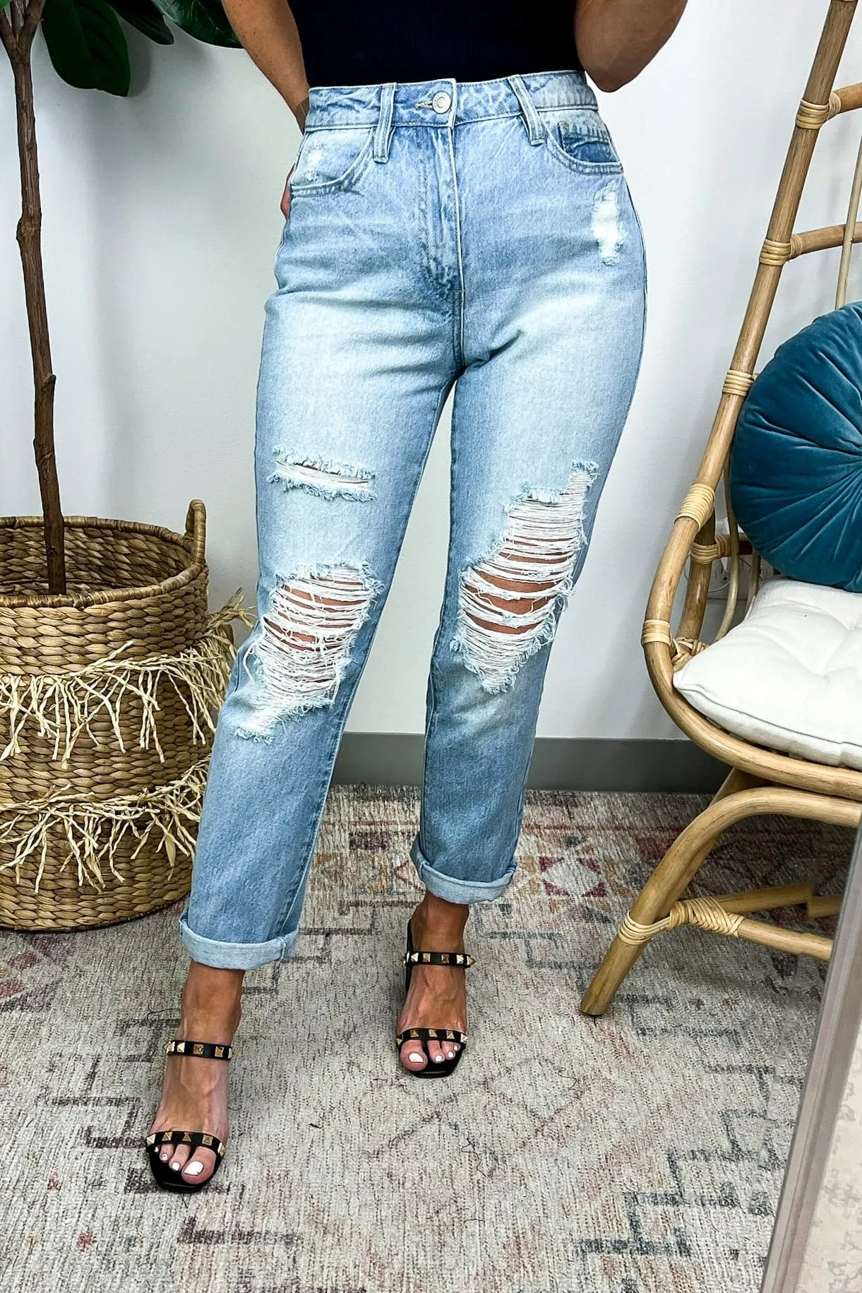 Estiana Dream High Rise Stretch Distressed Mom Jeans