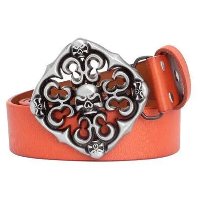 Genuine Cowskin Leather Punk Style Skull Head Belt for Women