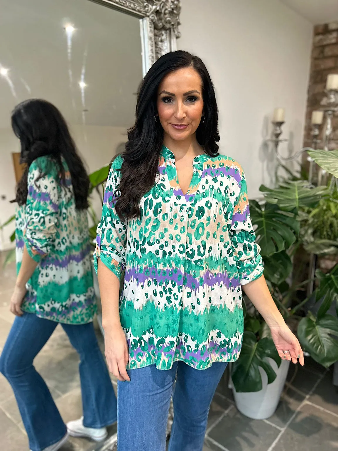 Green Leopard Striped Blouse Gina