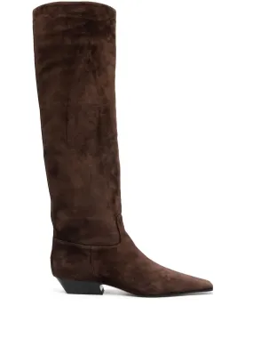 KHAITE Suede Leather Knee-High Boots with Pointed Toe and Low Block Heel