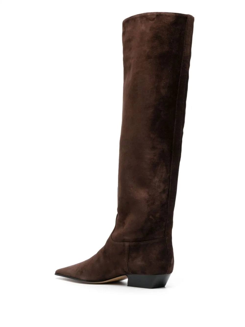 KHAITE Suede Leather Knee-High Boots with Pointed Toe and Low Block Heel