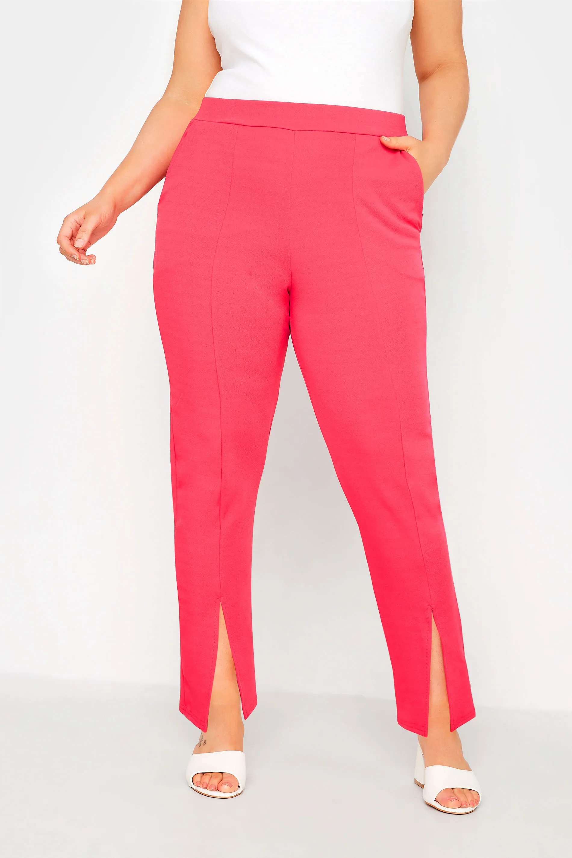 LIMITED COLLECTION Curve Hot Pink Split Hem Stretch Tapered Trousers