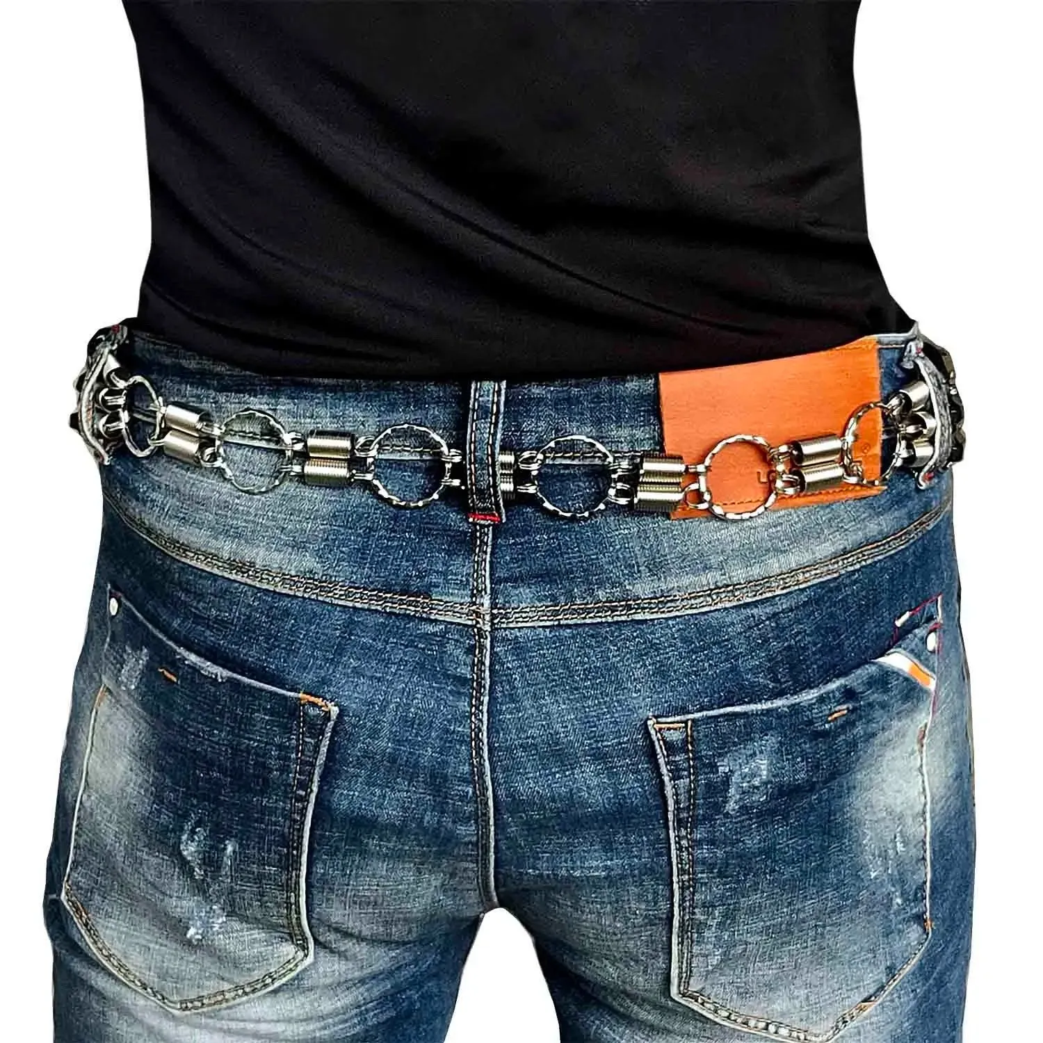 Men's Biker Rock Synthetic Leather Waistband Belt with Spring Chain