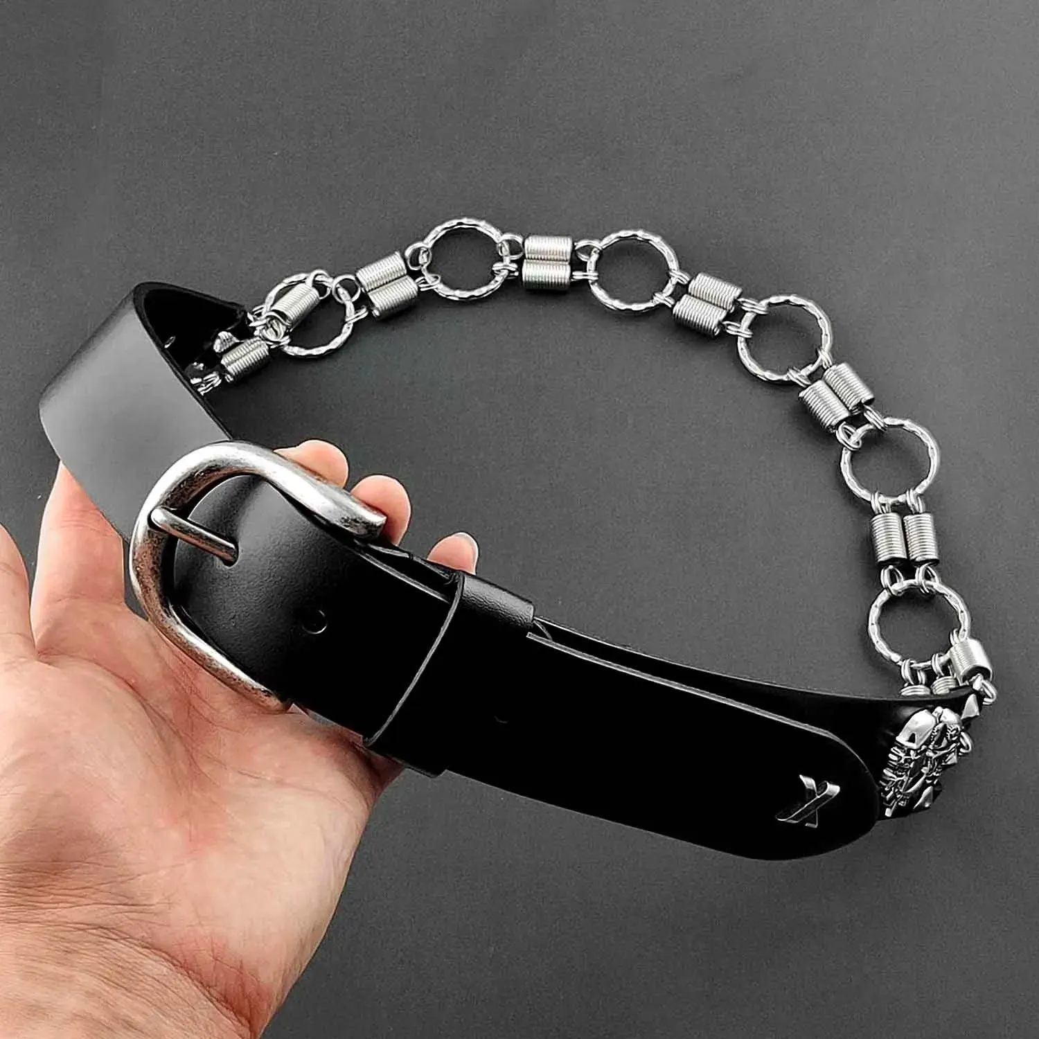 Men's Biker Rock Synthetic Leather Waistband Belt with Spring Chain