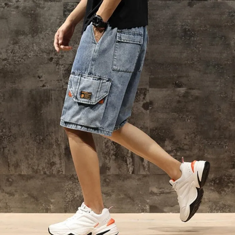 Men's Summer Casual Denim Elastic Waist Knee Length Baggy Shorts