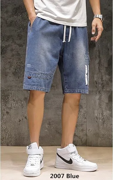 Men's Summer Casual Denim Elastic Waist Knee Length Baggy Shorts