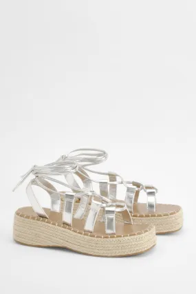 Metallic Wrap Around Tie Leg Flatform Sandal