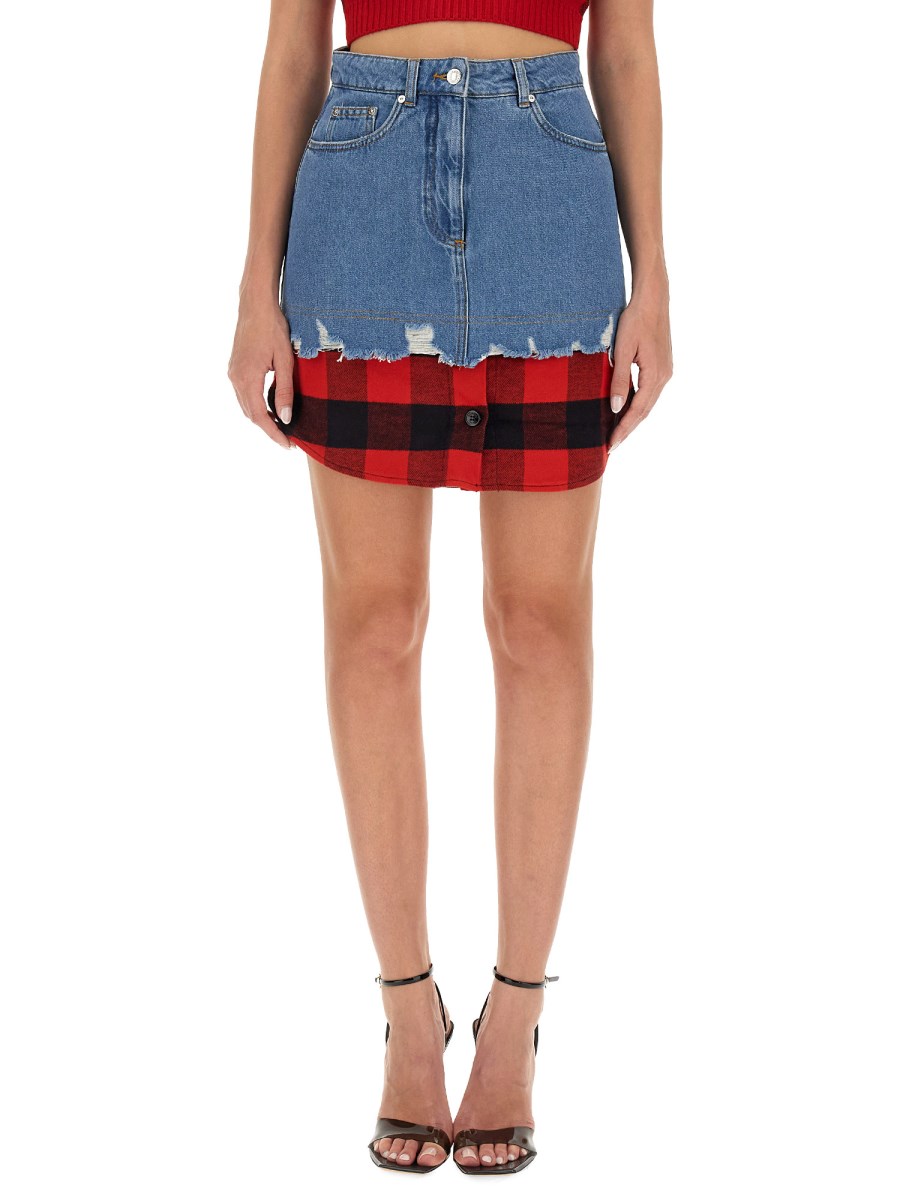 MOSCHINO JEANS    COTTON DENIM TARTAN PRINT MINI SKIRT