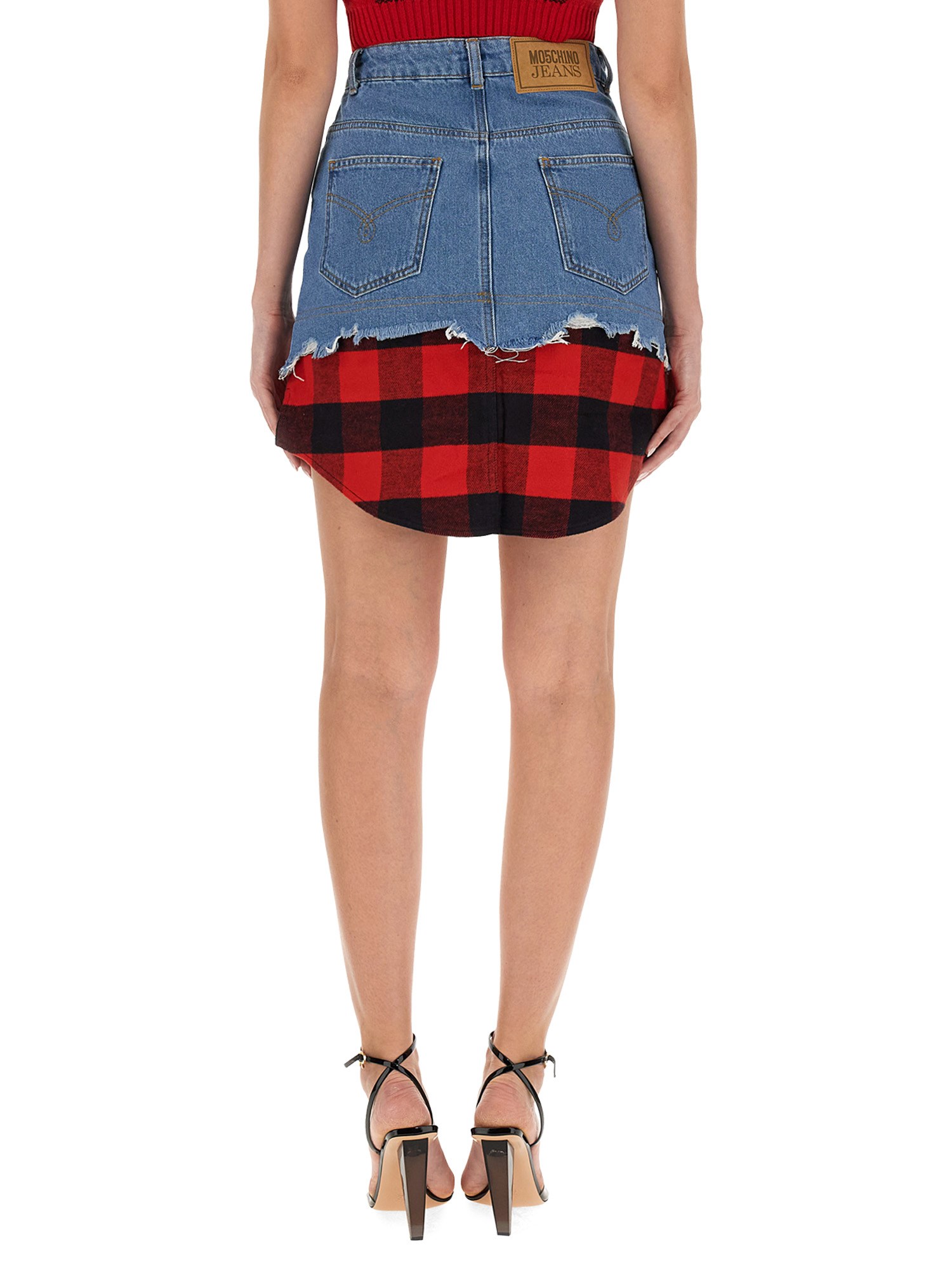 MOSCHINO JEANS    COTTON DENIM TARTAN PRINT MINI SKIRT