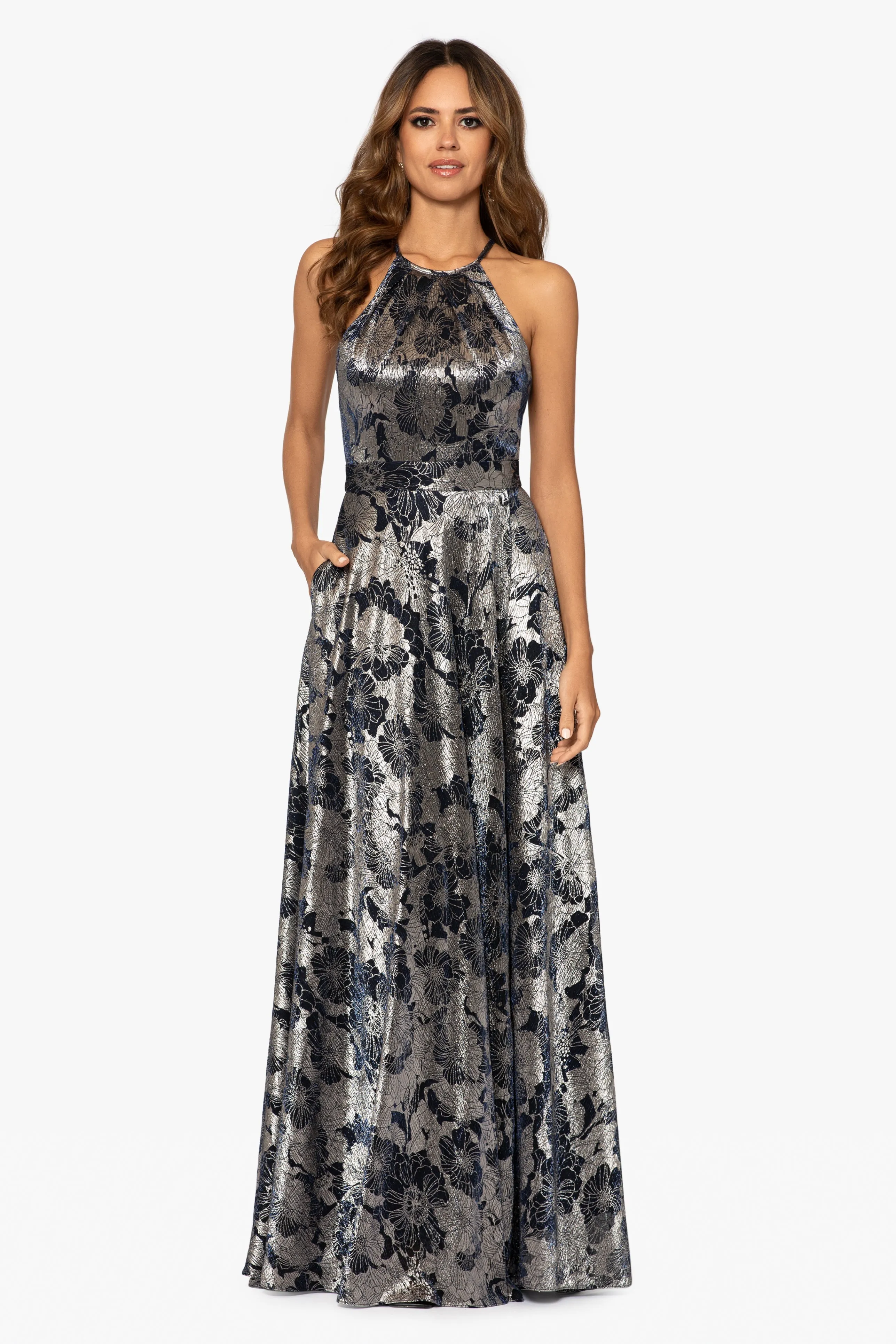 Petite Layla Long Halter Top Wrap Foil Print Dress