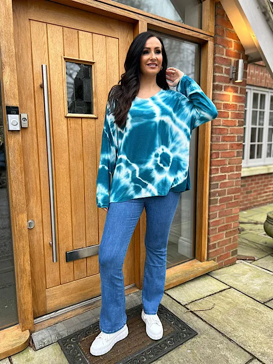 Petrol Blue V Neck Tie Dye Knit Sandra