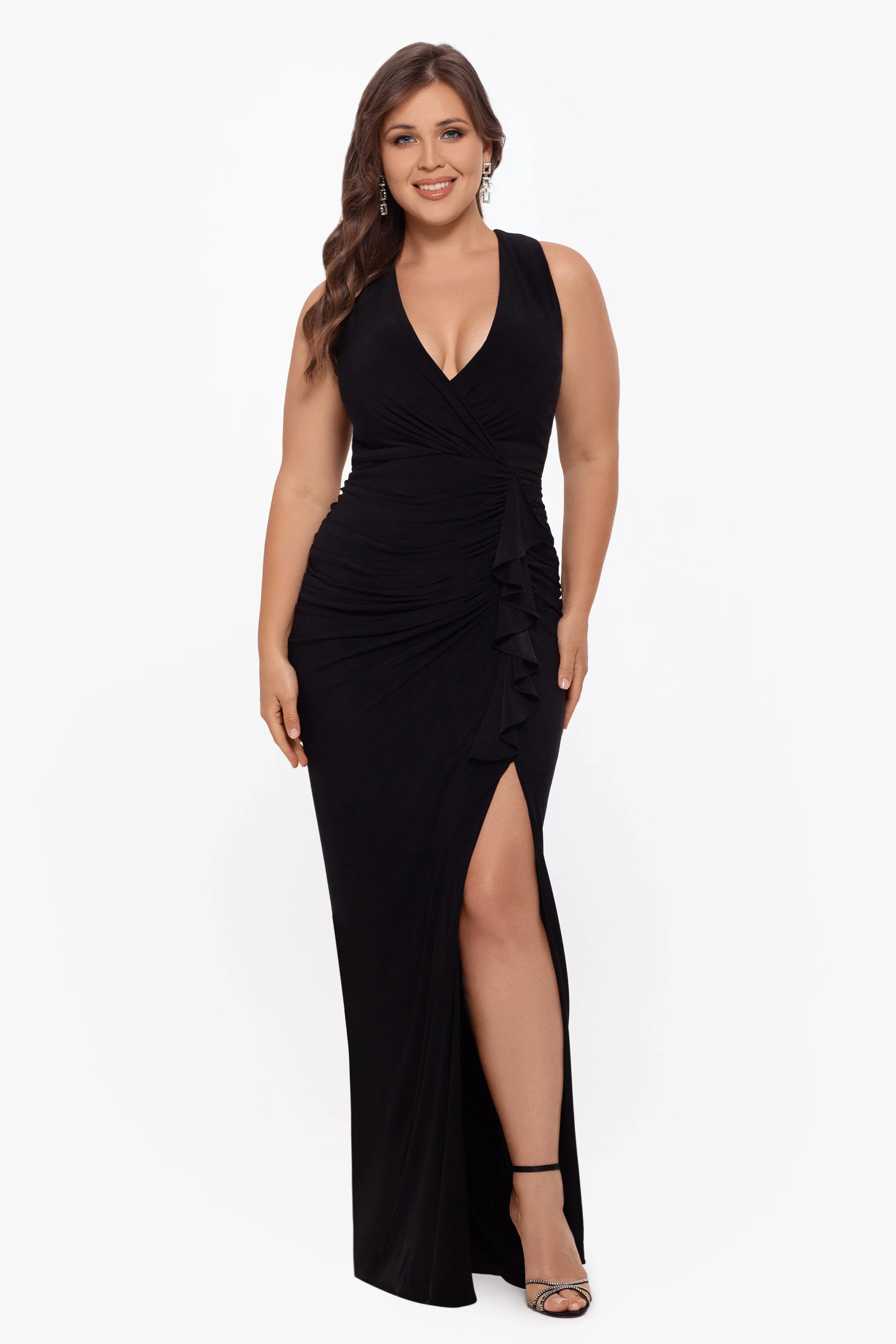 Plus Bobbi Long Ruffled V-Neck Gown