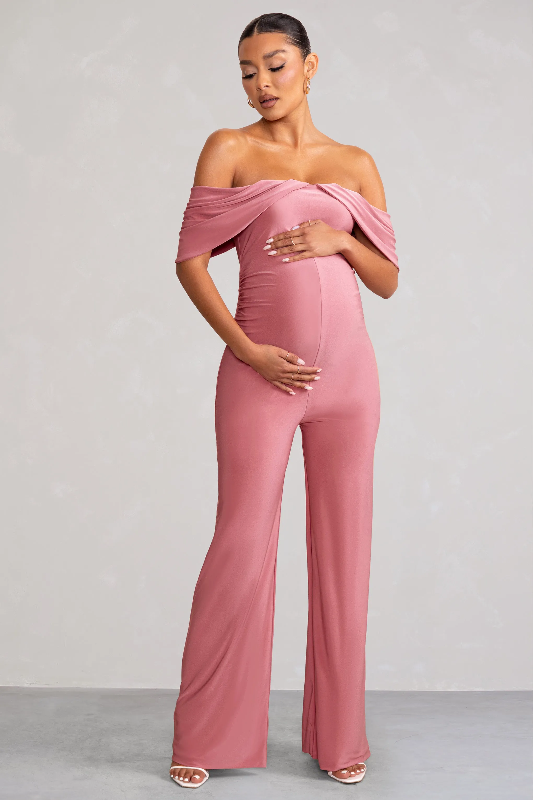 Renata | Blush Pink Draped Sleeve Bardot Maternity Jumpsuit