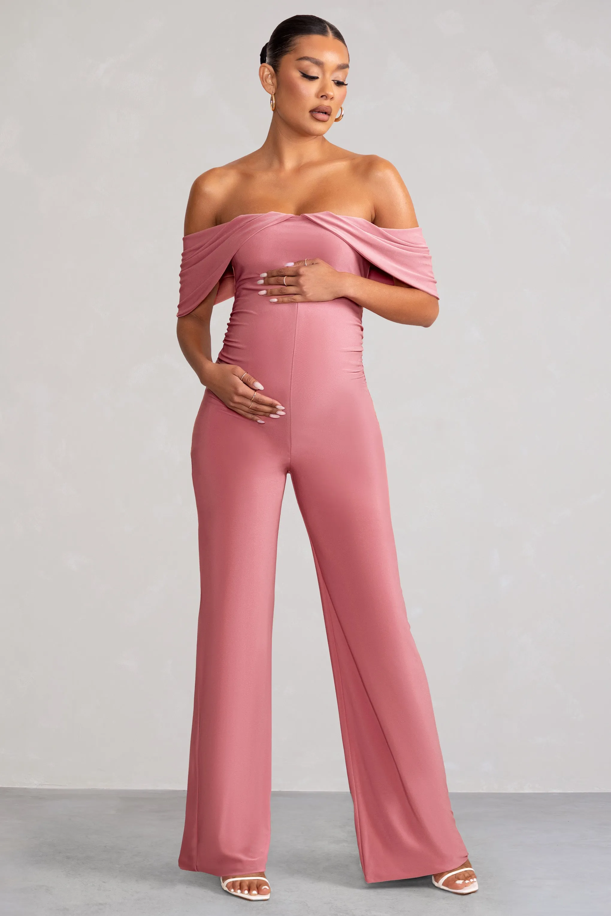 Renata | Blush Pink Draped Sleeve Bardot Maternity Jumpsuit