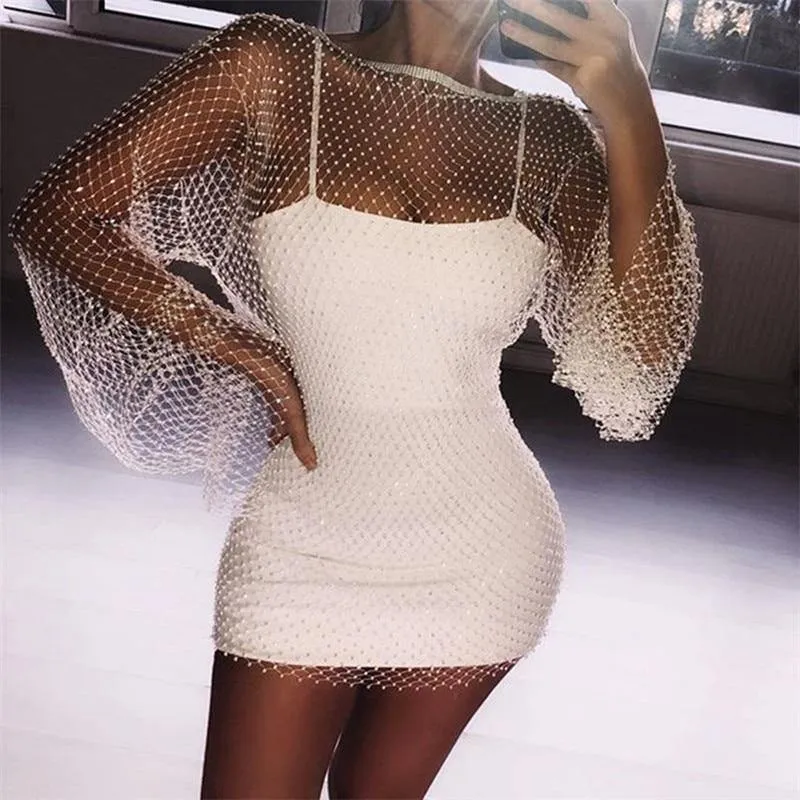 Sequin Mesh Patchwork Rhinestone Long Sleeve Party Club See Through Wrap Mini Dress