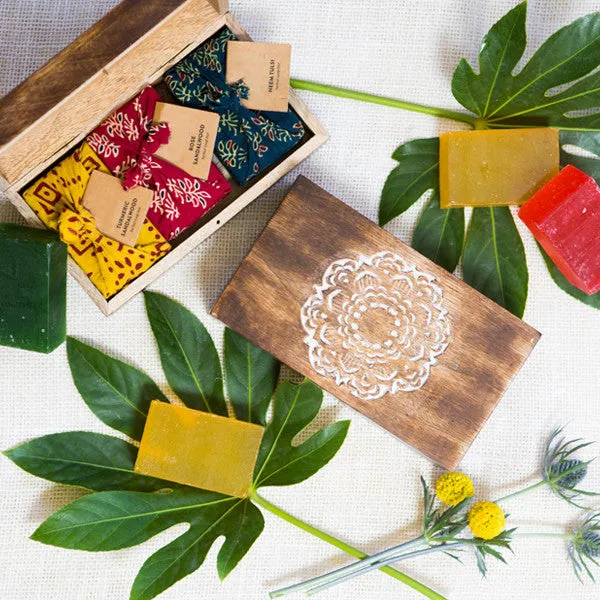 Three Scents of India Soaps In Mandala Carved Wooden Keepsake Box