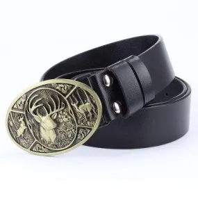 Unisex Fashion Genuine Leather Animal Deer Pattern Elk Buckle Jeans Belt