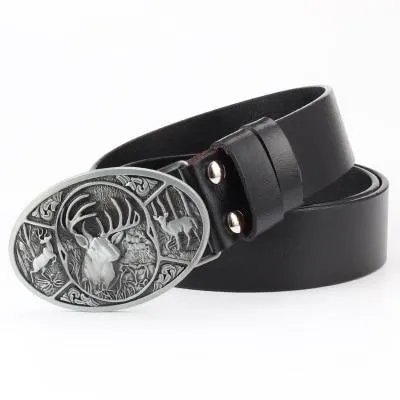 Unisex Fashion Genuine Leather Animal Deer Pattern Elk Buckle Jeans Belt