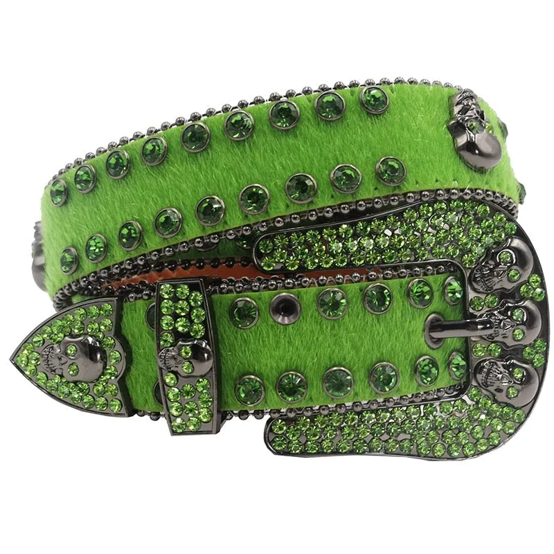 Unisex Green Rhinestones Diamond Studded Crystal Pin Buckle Belt