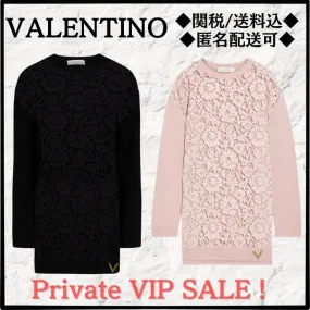 VALENTINO  |Crew Neck Wool Long Sleeves Plain Lace Logo Sheer