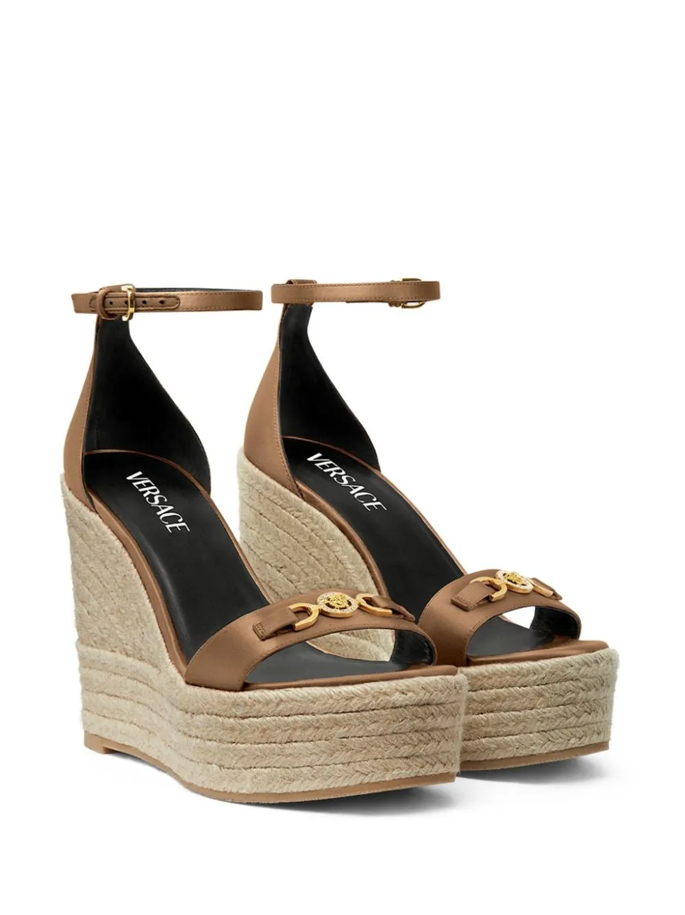 Versace Medusa '95 Satin Wedge Sandals in Camel/Gold