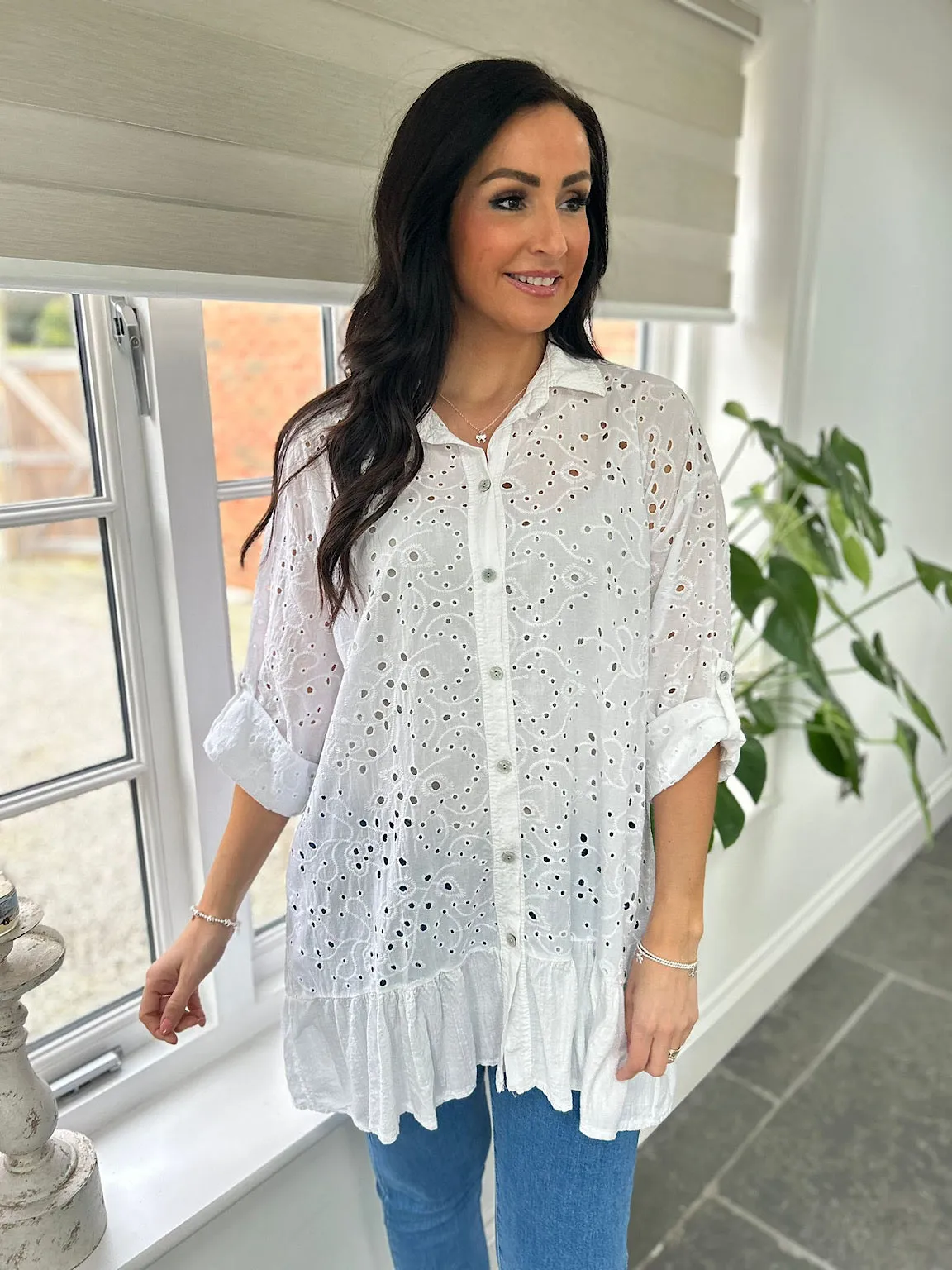 White Broderie Anglaise Frill Hem Tunic Devon