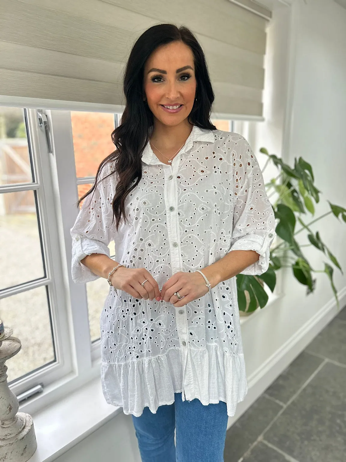 White Broderie Anglaise Frill Hem Tunic Devon