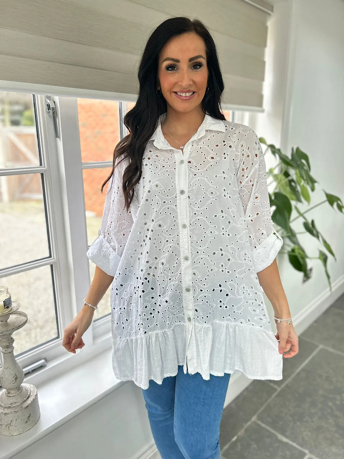 White Broderie Anglaise Frill Hem Tunic Devon