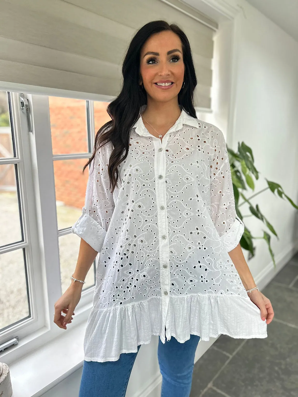 White Broderie Anglaise Frill Hem Tunic Devon