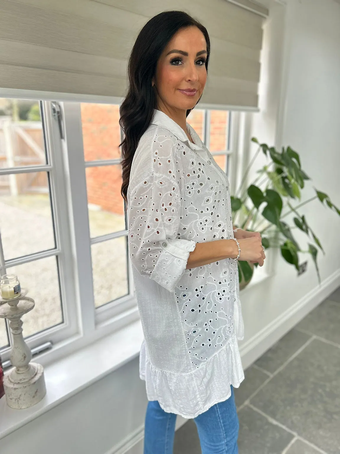 White Broderie Anglaise Frill Hem Tunic Devon