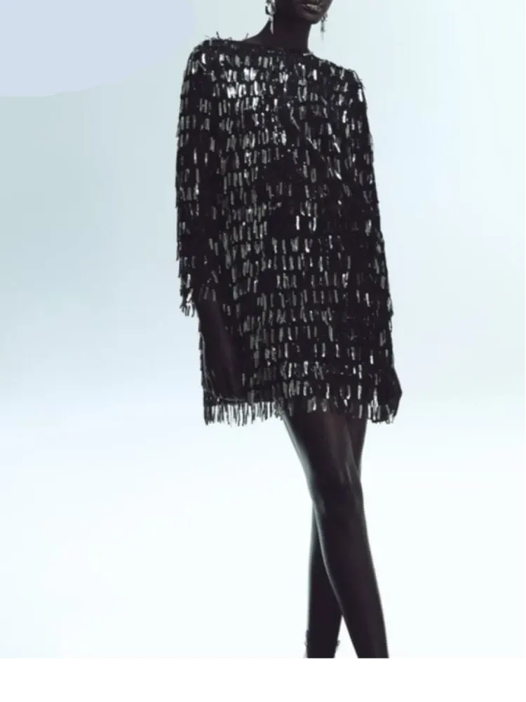 Women Shiny Sequins Loose Solid Sequins Dress Fashion V-neck Long Sleeve Evening Party Dresses