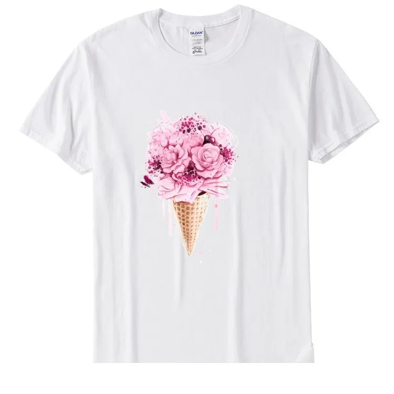 Women's Casual Cotton Ice Cream Flower Short Sleeve Soft T-Shirt