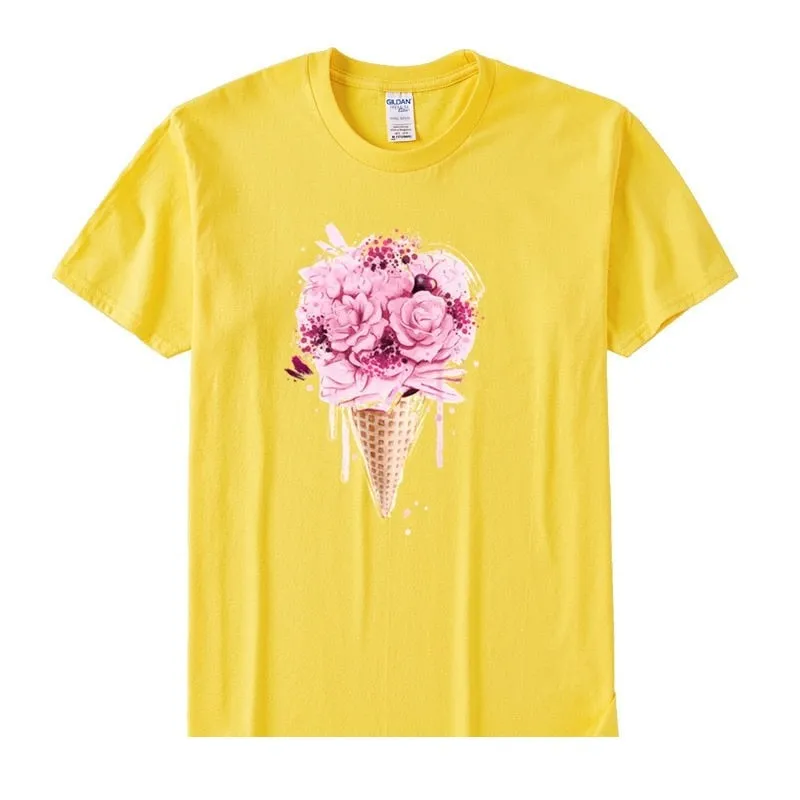 Women's Casual Cotton Ice Cream Flower Short Sleeve Soft T-Shirt