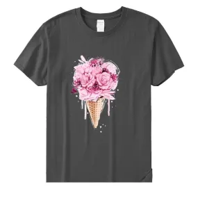 Women's Casual Cotton Ice Cream Flower Short Sleeve Soft T-Shirt