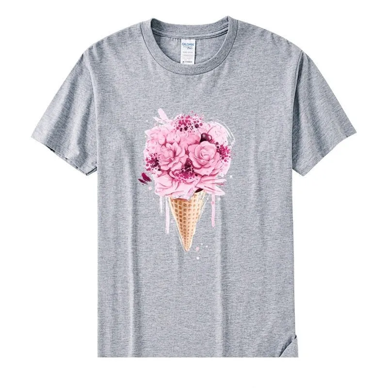 Women's Casual Cotton Ice Cream Flower Short Sleeve Soft T-Shirt