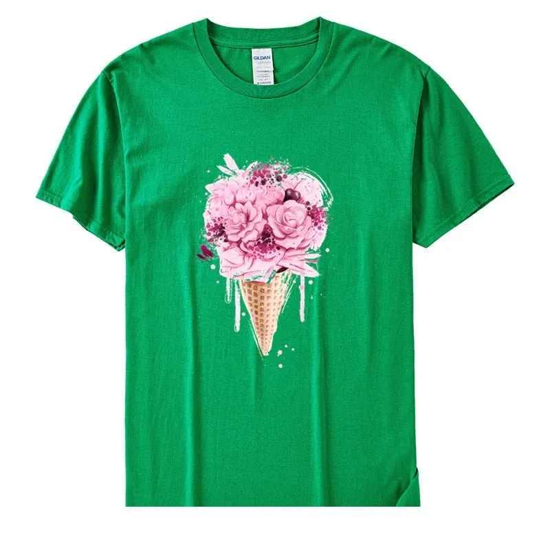 Women's Casual Cotton Ice Cream Flower Short Sleeve Soft T-Shirt