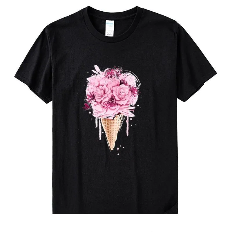 Women's Casual Cotton Ice Cream Flower Short Sleeve Soft T-Shirt