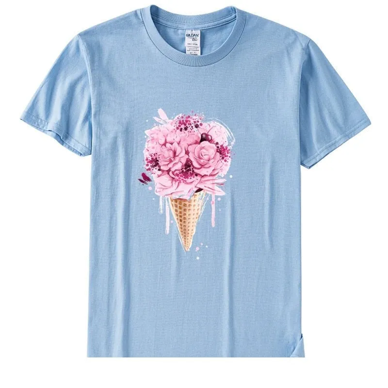 Women's Casual Cotton Ice Cream Flower Short Sleeve Soft T-Shirt