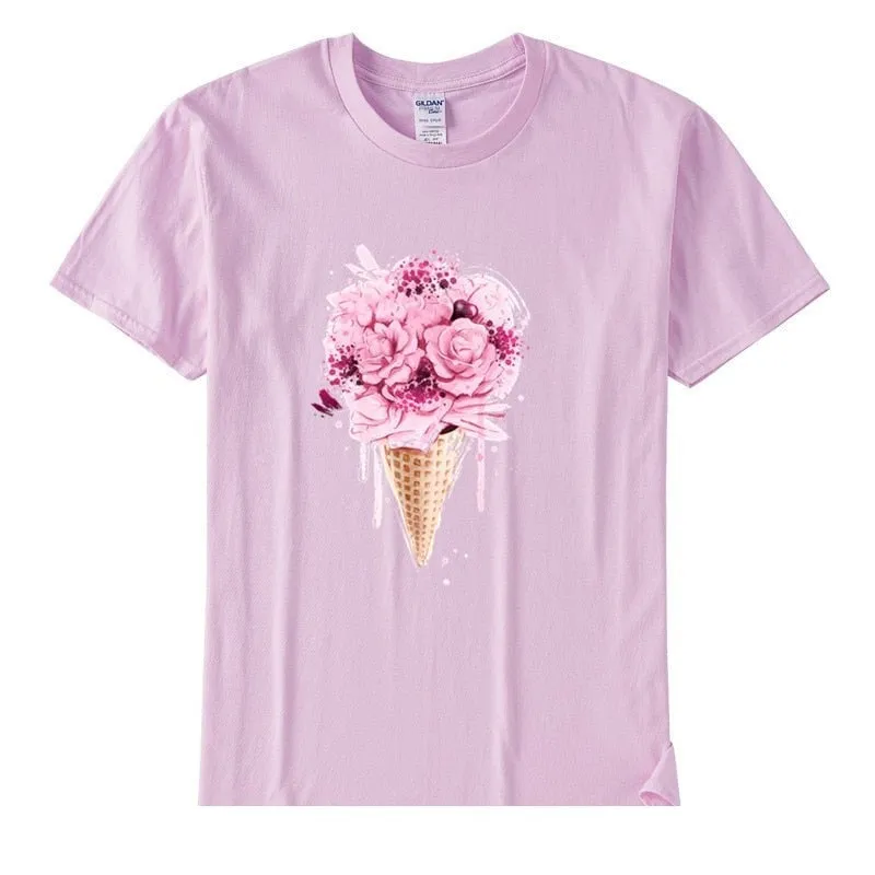 Women's Casual Cotton Ice Cream Flower Short Sleeve Soft T-Shirt