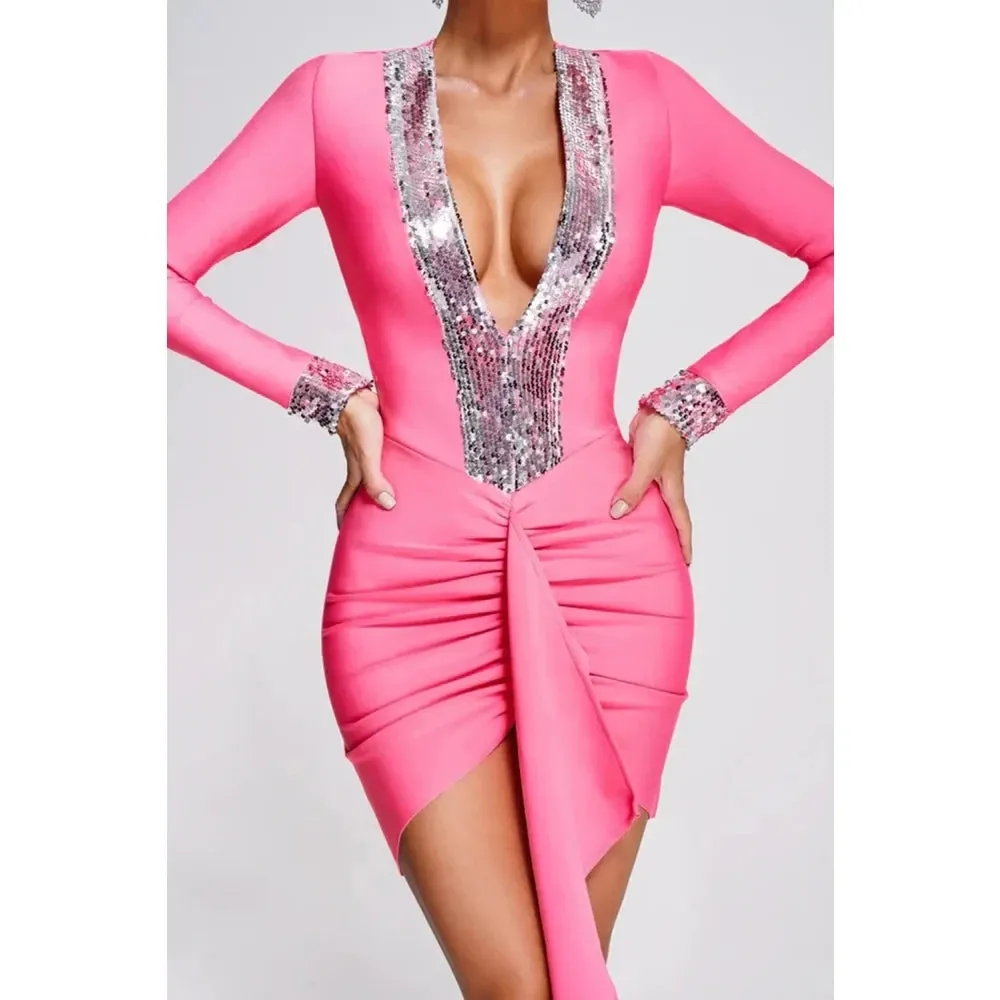 Women's Deep V-Neck Sequin Wrap Hip Long Sleeve Bandage Dress