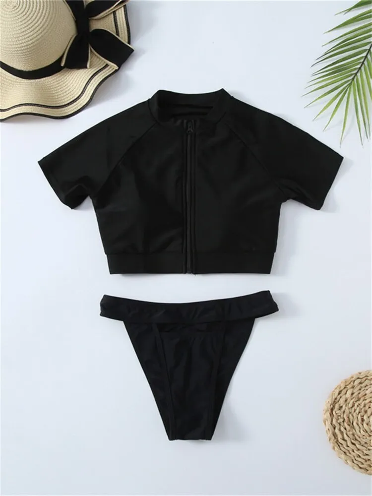 Women's Short Sleeve Zipper Top Push-Up Bikini See-Through Swimwear